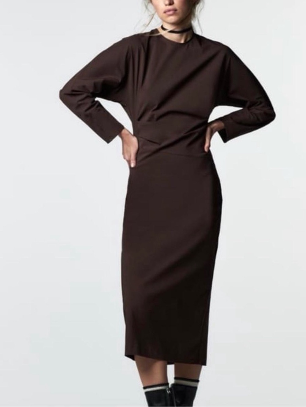 Zara Chocolate Brown Long Sleeve Tailored Waist Draped  Dress Size S